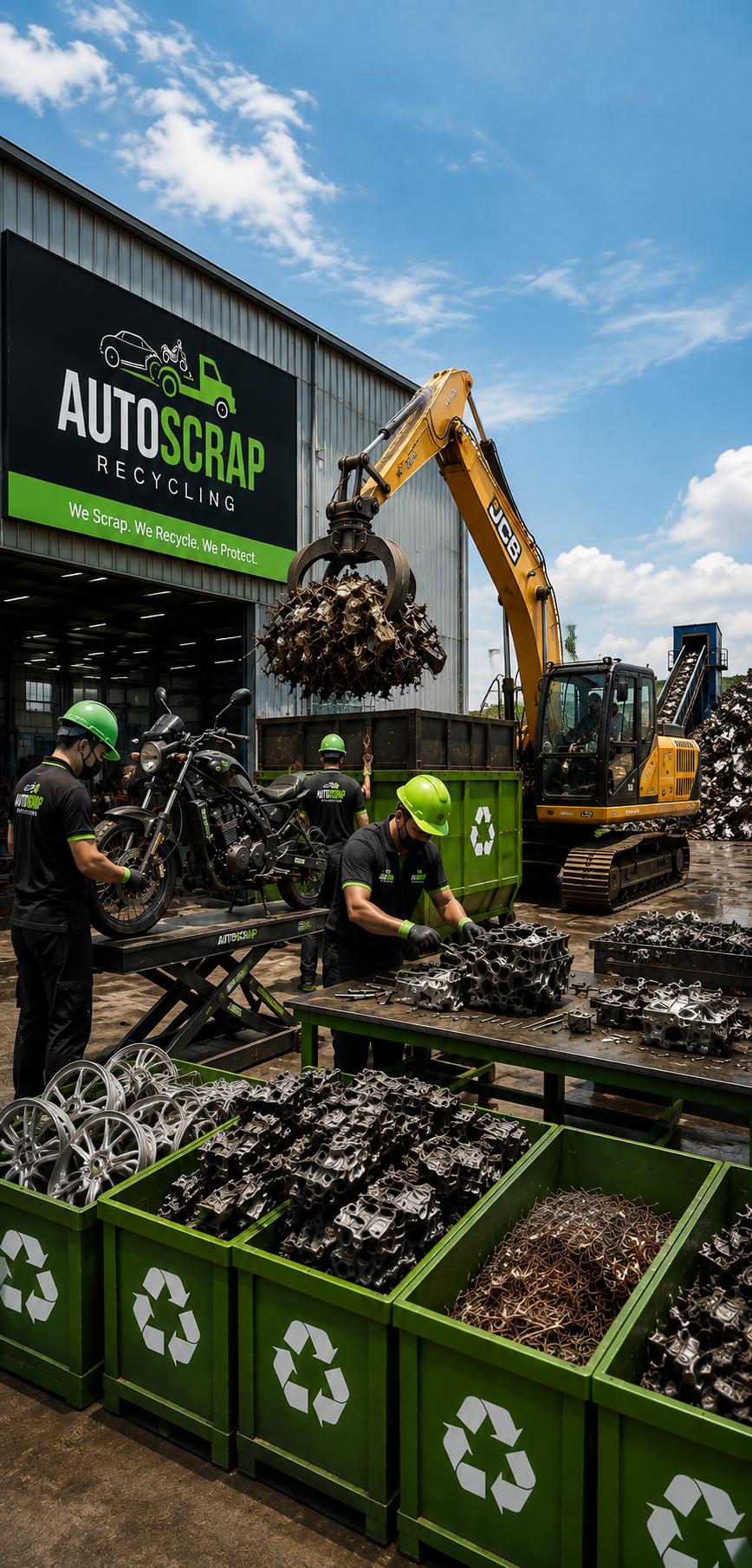 Vehicle scrapping yard with machinery sorting old cars